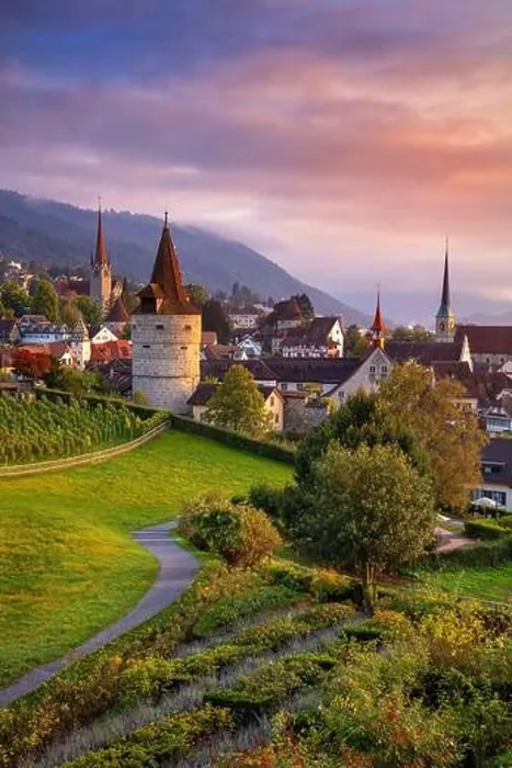 Framed Print : Zug, Switzerland. Cityscape image of Zug at beautiful autumn sunset Framed Print : Zug, Switzerland. Cityscape image of Zug at beautiful autumn sunset