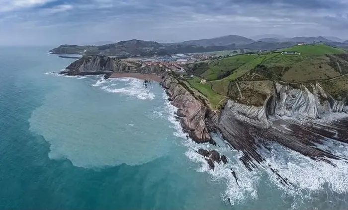 Framed Print : Zumaia city and geological strata layers drone aerial view, Basque Country Framed Print : Zumaia city and geological strata layers drone aerial view, Basque Country