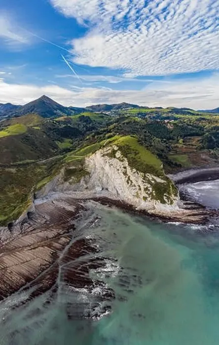 Framed Print : Zumaia and Deba flysch geological strata layers drone aerial view, Basque Country