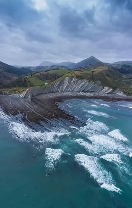 Framed Print : Zumaia and Deba flysch geological strata layers drone aerial view, Basque Country