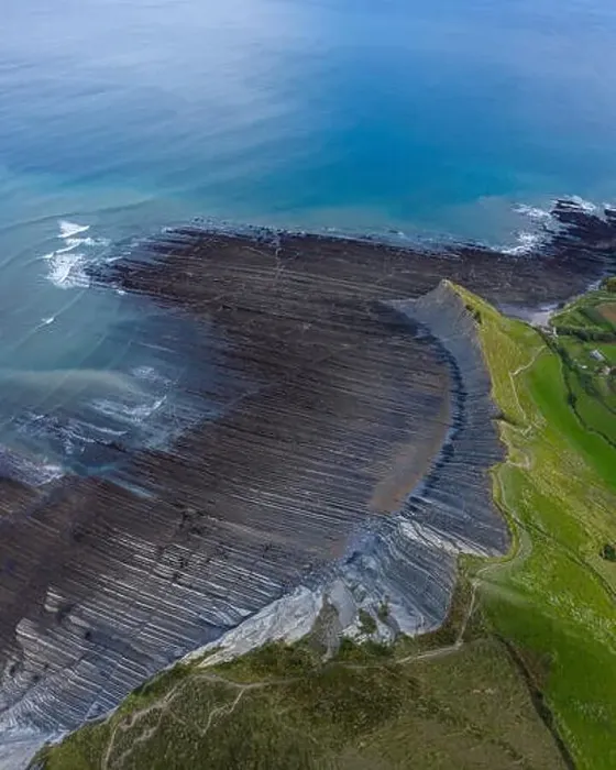 Framed Print : Zumaia flysch geological strata layers drone aerial view, Basque Country Framed Print : Zumaia flysch geological strata layers drone aerial view, Basque Country