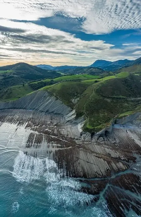 Framed Print : Zumaia flysch geological strata layers drone aerial view, Basque Country
