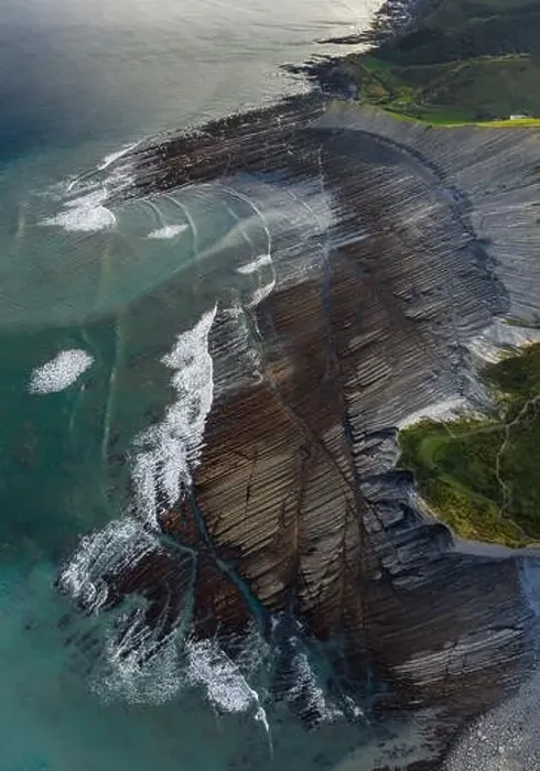 Framed Print : Zumaia flysch geological strata layers drone aerial view, Basque Country Framed Print : Zumaia flysch geological strata layers drone aerial view, Basque Country