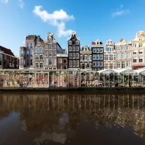 Amsterdam street traditional ancient dutch colorful buildings and flower market on Single canal in Amsterdam, Netherlands Amsterdam street traditional ancient dutch colorful buildings and flower market on Single canal in Amsterdam, Netherlands