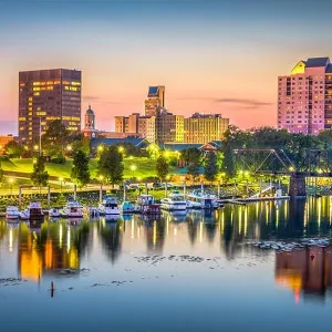 Augusta, Georgia, USA skyline on the Savannah River at dusk