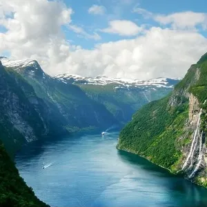 Breathtaking view of Sunnylvsfjorden fjord and famous Seven Sisters waterfalls, near Geiranger village in western Norway. Landscape photography