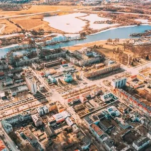 Brest, Belarus. Cityscape Skyline In Spring Sunny Day. Bird's-eye View Of Simeon's Stylites Cathedral Church. Famous Historic Landmarks Brest, Belarus. Cityscape Skyline In Spring Sunny Day. Bird's-eye View Of Simeon's Stylites Cathedral Church. Famous Historic Landmarks