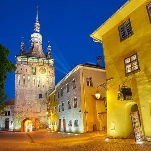 Clock Tower, Sighisoara old town at evening, Transylvania, Romania