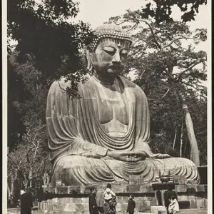 Colorful vintage Japanese Government Railways black and white travel poster of the Great Buddha sculpture in Kamakura, Japan