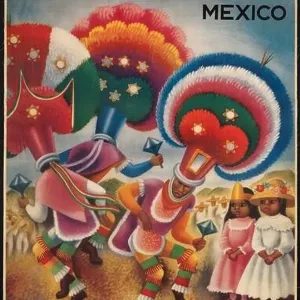 Colorful vintage travel poster of Oaxaca, Mexico, showing dancers at a Mexican fiesta