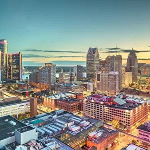 Detroit, Michigan, USA downtown skyline from above at dusk