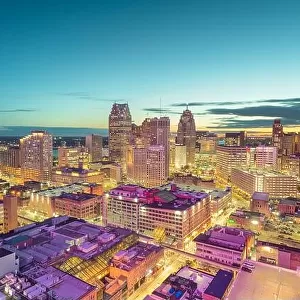 Detroit, Michigan, USA downtown skyline from above at dusk