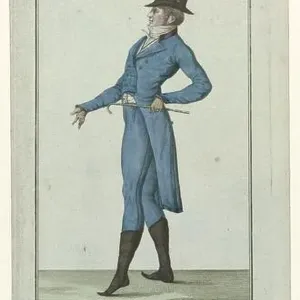 Haircut à la Titus. Habit Dégage vest and long pants or trousers à la hussarde. Accessories: hat, gloves, small cane, boots with pointed noses Haircut à la Titus. Habit Dégage vest and long pants or trousers à la hussarde. Accessories: hat, gloves, small cane, boots with pointed noses