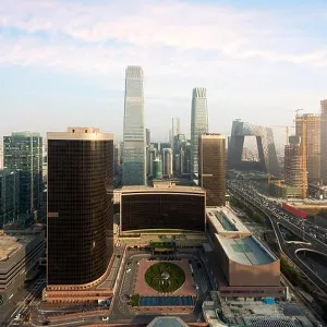 High angle view of Beijing Central Business District skyscrapers building at sunset in Beijing, China