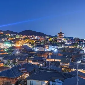 Kyoto, Japan rooftop cityscape in Higashiyama historic district at night Kyoto, Japan rooftop cityscape in Higashiyama historic district at night