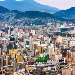 Nagasaki, Japan downtown cityscape on the bay at twilight