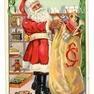 Original Edwardian era Christmas postcard of Santa with sack of toys, loading presents from his store shelves, circa 1907, U.K Original Edwardian era Christmas postcard of Santa with sack of toys, loading presents from his store shelves, circa 1907, U.K