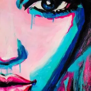 Painting background with a bright face of girl, creative artwork Painting background with a bright face of girl, creative artwork