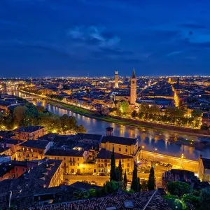 Panoramic aerial view of Verona, Italy at blue hour, after summer sunset