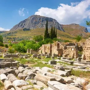 Ruins of the ancient city of Corinth, view of the Acrocorinth, Greece