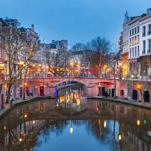 Utrecht, Netherlands canals and cityscape at twilight