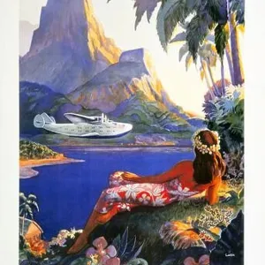 Vintage travel poster - Fly to South Sea isles via Pan American. 1938. Artwork by Lawler