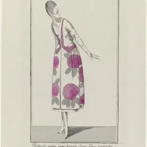 Woman in a satin dress with floral pattern. The skirt is embroidered with a thin soutache, like the bands on the bodice Woman in a satin dress with floral pattern. The skirt is embroidered with a thin soutache, like the bands on the bodice