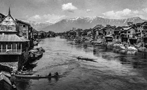 City Building Prints: 08 19 2019 Vintage Old Black and White Photo of jhelum river srinagar jammu and kashmir