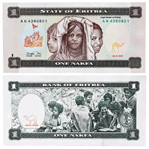 1997 Prints: 1 nakfa banknote, three girls and children in bush school, Eritrea, 1997