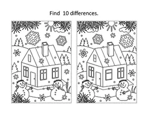 Colouring Prints: Find 10 differences visual puzzle and coloring page with cabin in winter with two snowmen