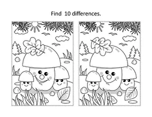 Find 10 differences visual puzzle and coloring page with three mushrooms in autumn