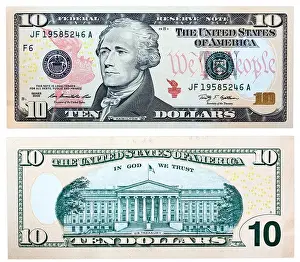 2009 Prints: 10 Dollars banknote, Alexander Hamilton and Treasury Building, USA, 2009