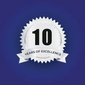 10 Years Prints: 10 Years of Excellence Award Badge on Blue Background