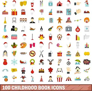 Brushes Prints: 100 childhood book icons set, flat style