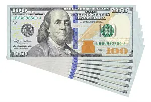 Benjamin Prints: 100 dollar bills on white background isolated. Business money concept template