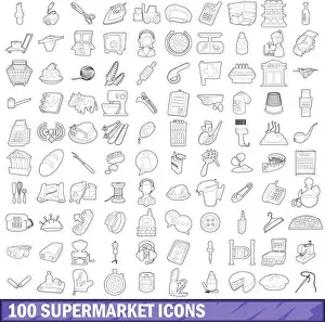 Trolley Prints: 100 supermarket icons set, outline style