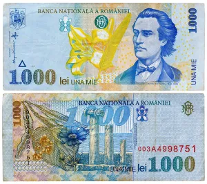 Bank Note Prints: 1000 lei banknote, Mihai Eminescu, Romania, 1998
