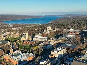 Cornell Prints: 11-19-2022, Early morning aerial autumn image of the area surrounding the City of Ithaca