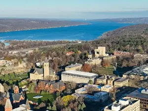 Cornell Prints: 11-19-2022, Early morning aerial autumn image of the area surrounding the City of Ithaca