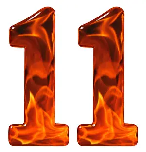 Eleven Prints: 11, eleven, numeral from glass with an abstract pattern of a flaming fire