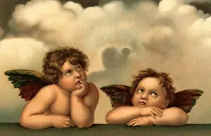 Boys Prints: 1510s 1514 CHERUBS FROM THE SISTINE MADONNA DETAIL OF LARGER PAINTING BY RAPHAEL AKA RAFFAELLO SANTI RENAISSANCE ARTIST