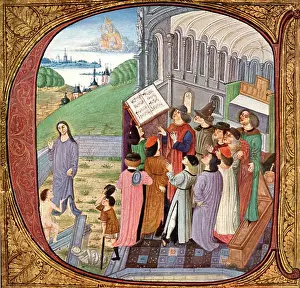 15th century miniature from the Antiphon of King Corvinus showing monks singing in choir, in Church