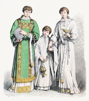 Aged Prints: 16th XVI 17th century XVII Italian Ecclesiastical costumes Deacon subdeacon and Alter choir boy in white robes