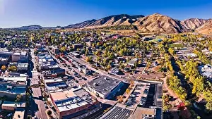 Main Street Prints: 16x9 Panorama of Golden Colorado from drone - Colorado School of Mines - Downtown Golden CO