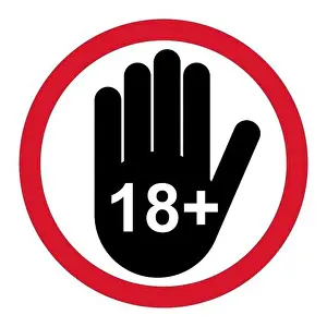 Limit Prints: 18+ restriction flat sign with hand isolated on white background