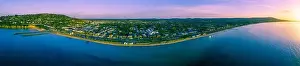 180 aerial panorama of Safety Beach Suburb coastline at sunset. Mornington Peninsula, Victoria, Australia