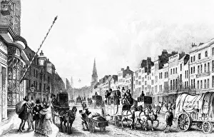 1800s 1850s HIGH STREET WHITECHAPEL STORE FRONTS TRAFFIC COACHES CABS WAGONS CARTS HORSES LONDON ENGLAND