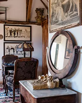 Home Interior Prints: 1830's French Empire table with antique mirror and Tiffany lamp on writing desk
