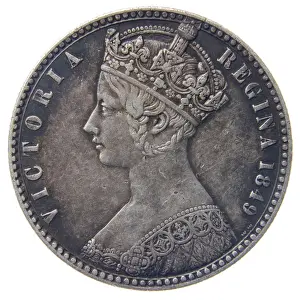 1849 Prints: 1849 Victoria Florin Coin Britain british silver gothic portrait head crown godless florin first decimal coin