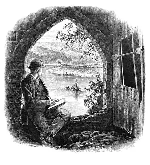 Gateway Prints: 1870: An artist sketching the River Wye through a doorway of Chepstow Castle at Chepstow